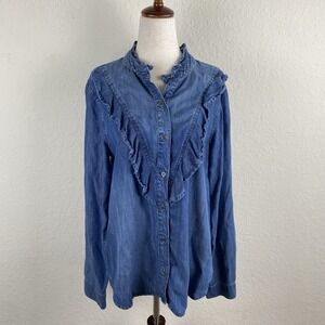 Bella Dahl Size M Chambray Shirt Blouse Lyocell Tencel Blue Denim Ruffle Cowgirl